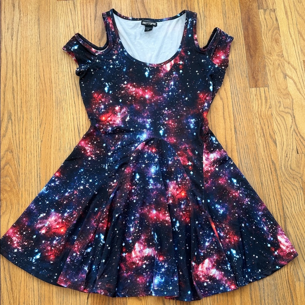 Hot Topic Galaxy Cold-Shoulder Dress - Navy, Pink, Blue - Picture 3 of 5